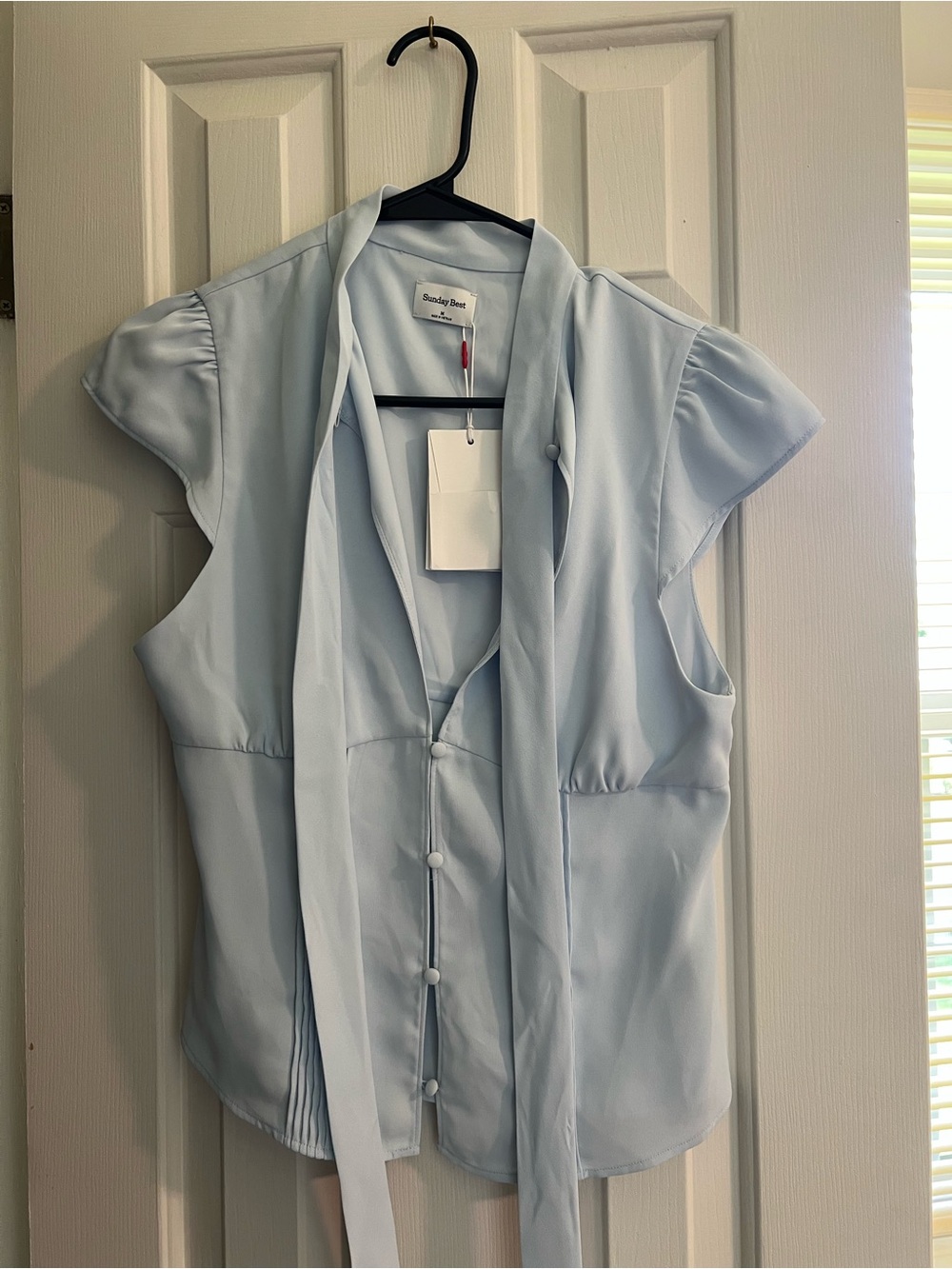 Sundance Pale Blue Tie-Neck Cap-Sleeve Blouse